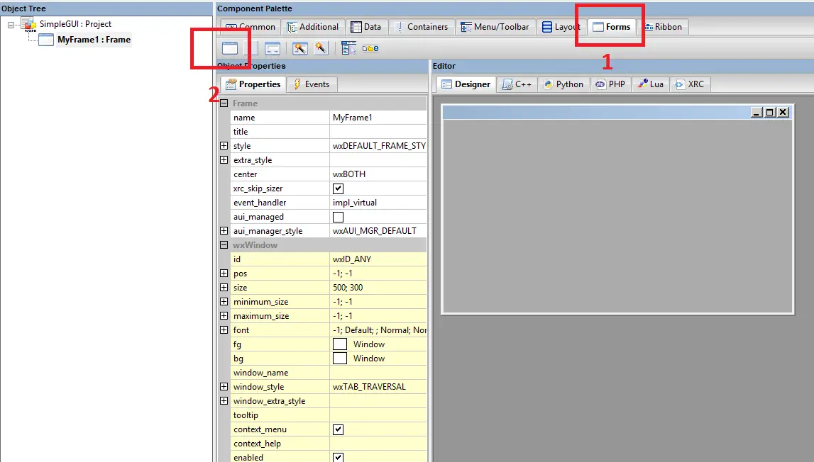 select from the "Forms" tab of the components palette, and choose "Frame"