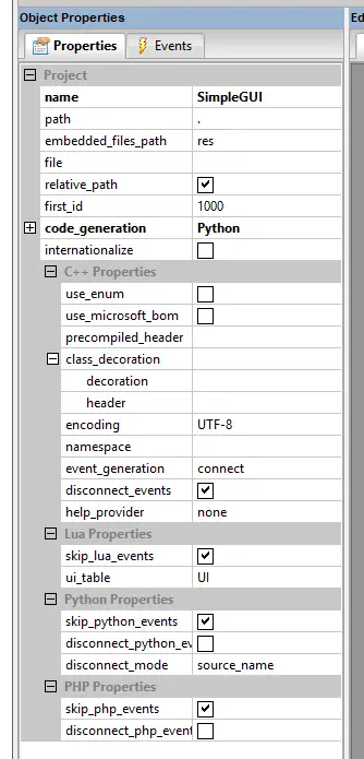 bject properties window of wxFormBuilder 